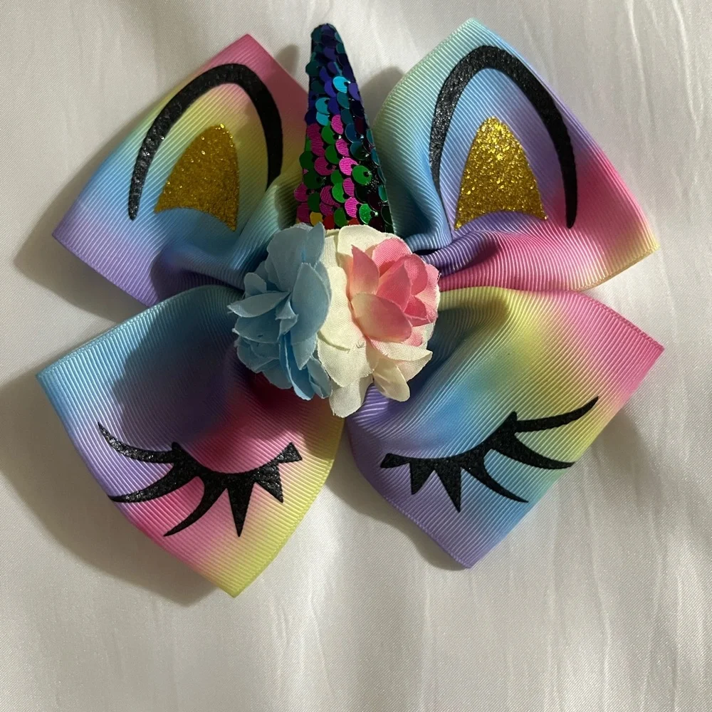 Colorful Girl Unicorn Hair Bow 6”inches